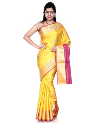 Yellow Kanchipuram Silk Saree with Dark Pink Pallu + Elephant Motifs