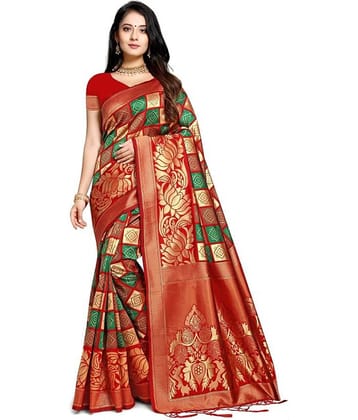 NENCY FASHION Banarasi Silk Printed Saree With Unstitched Blouse Piece ( Multicolor )