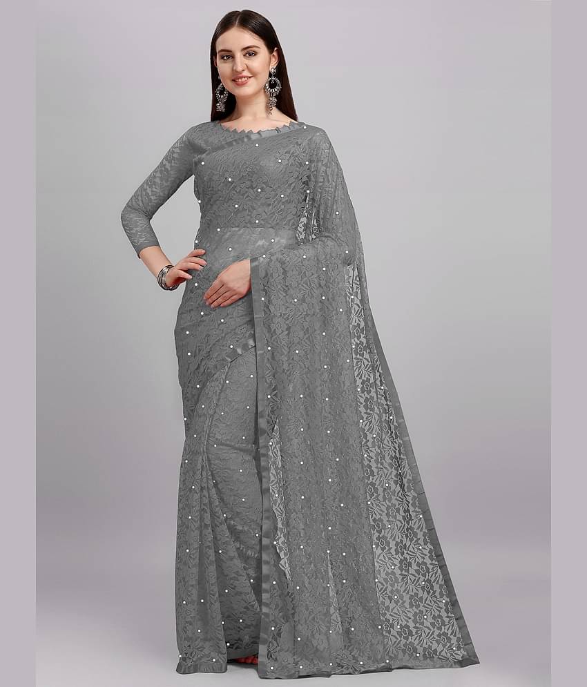 VANRAJ CREATION Net Self Design Saree With Unstitched Blouse Piece ( Grey )