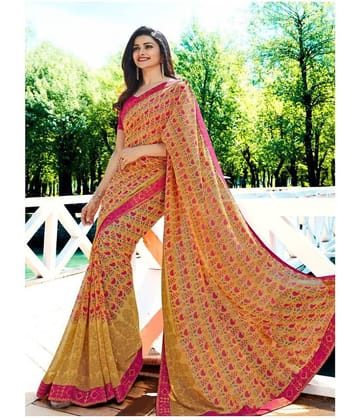 Gazal Fashions Chiffon Printed Saree With Unstitched Blouse Piece ( Yellow )