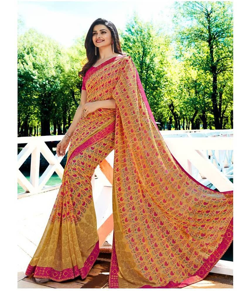 Gazal Fashions Chiffon Printed Saree With Unstitched Blouse Piece ( Yellow )