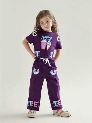 Girl's Ice-Cream Printed Wine Co-Ord  Set [GCS-7447](3-11 Years)-4-5Y (Size - 24) / Ribbed / Wine