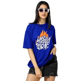 Leotude Blue Printed Cotton Blend Round Neck Half Sleeve T-Shirts For Womens