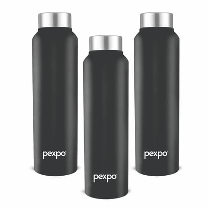 PEXPO Stainless Steel Fridge Water Bottle, 750 ml, Knight Black, Chromo Xtreme | Leak-Proof & Easy to Grip Water Bottle (Pack of 3)