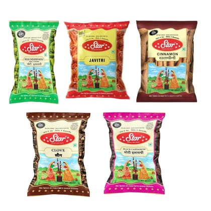 Star Spices Javitri 50 gm, Clove Whole 50 gm, Cinnamon 50 gm, Green Cardamom 25 gm And Black Cardamom 50 gm - Pack of 5