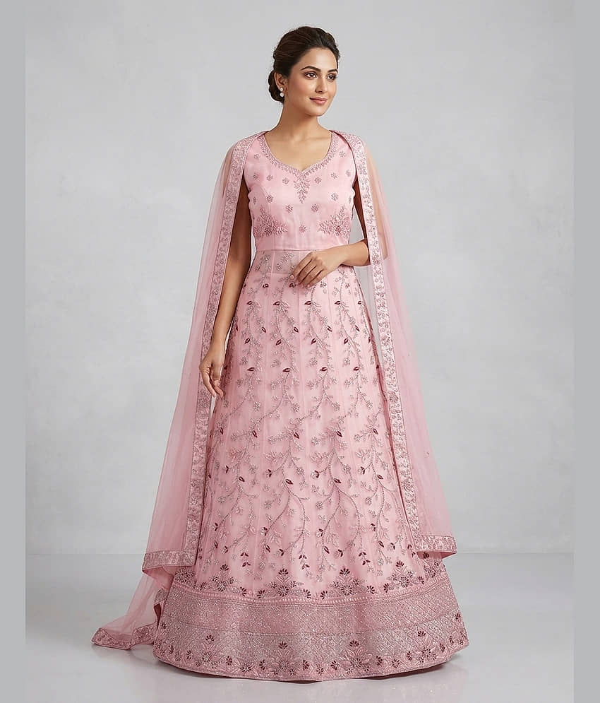 Aika Women's Net Semi Stitched Flared Ethnic Gown With Dupatta