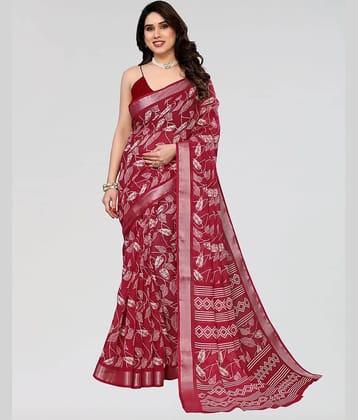 HEMA SILK MILLS Linen Printed Regular Saree With Unstitched Blouse Piece ( Maroon )