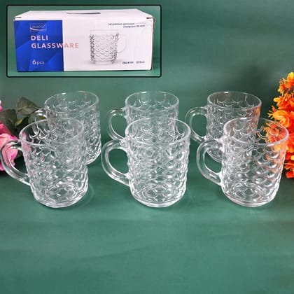 Glass Coffee & Tea Cup / Mug With Handle, Water glass (6 pcs Set / 225 ML) | Assorted Colour
