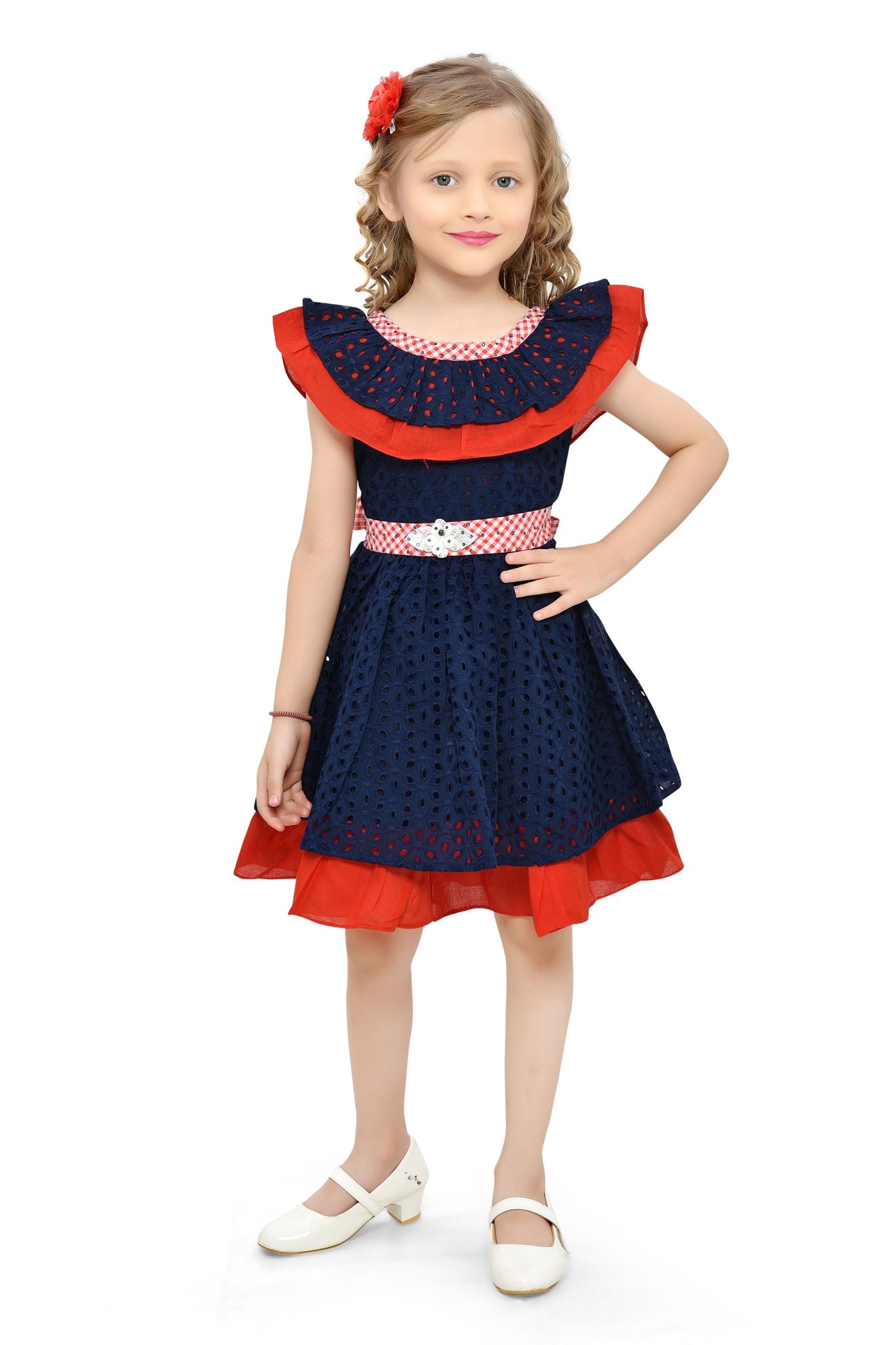 Be:Kids Enchanted Evening Navy Polka-Dot Dress with Red Accents and Rhinestone Belt