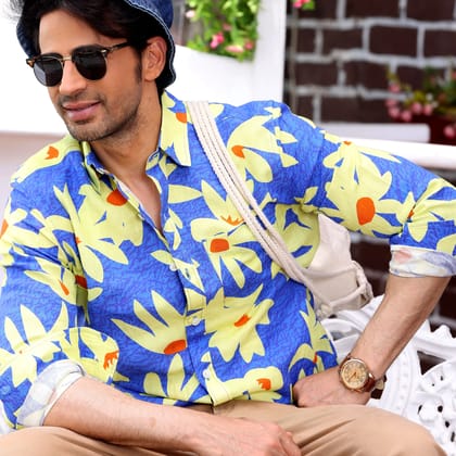 Lily Flower Dodger Blue Casual Pure Linen Full Shirt (Size - S) by BLUE EAGLE Lily Flower Dodger Blue Casual Pure Linen Full Shirt (Size - S) by BLUE EAGLE