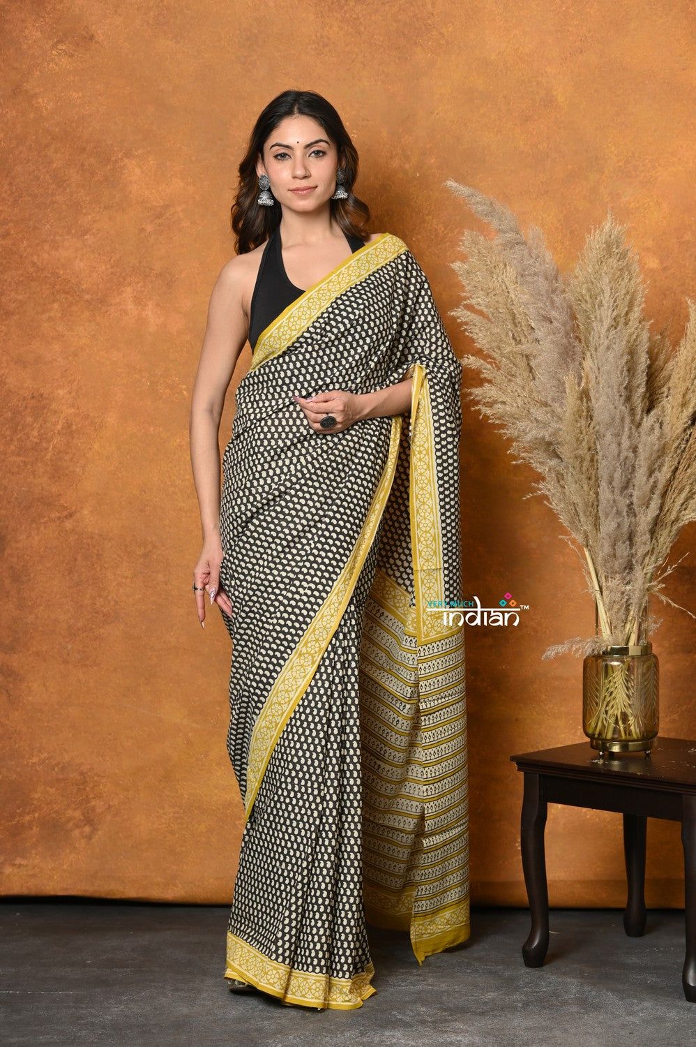 Mastaani ~ Handblock Printed Cotton Saree With Natural Dyes - Black & White