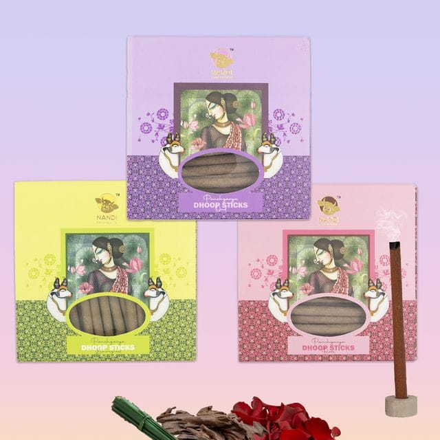 Nandi Panchgavya 100 Percent Cow Dung Dhoop Sticks for Pooja (Lemongrass, Oud, Rose Fragrance -Pack of 3,150 Sticks)