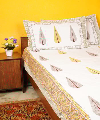 White yellow hand block printed cotton double bedsheet