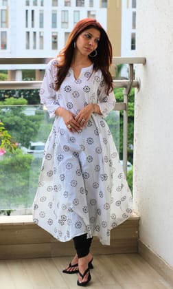 Cotton Handblock White Kali Kurta-XS