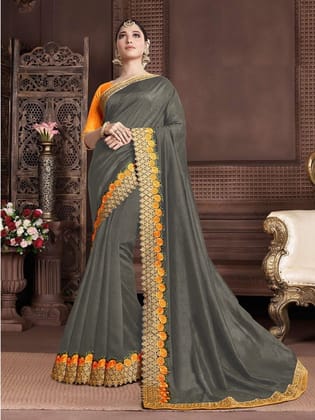 Gorgeous Grey Colored Party Wear Embroidered Fancy Saree