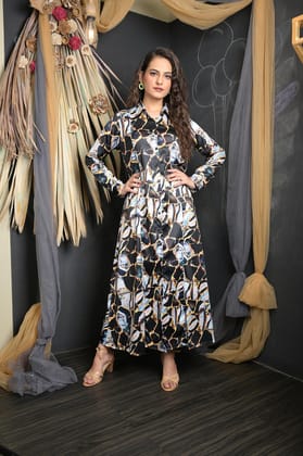 OWO THE LABEL Women Dress Polyester Satin Long Dress With Digital Print (OTL-DRS1069)-Multicolour / S