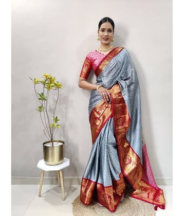 A TO Z CART Banarasi Silk Embellished Saree With Unstitched Blouse Piece ( Grey )