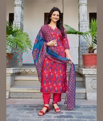VIBE VISION Cotton Blend Printed Kurti With Pants Women's Stitched Salwar Suit - Red ( Pack of 1 )