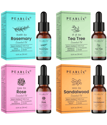 PEARLIX Rosemary Essential Oil,Tea Tree Acne & Pimple Oil, Sandalwood Anti Scar & Pigmentation Oil, Rose Aroma & Fragrance Oil For Skin Aroma | Candle Making |Soap Making |Hair Car Care Essential Oils 10ml Each