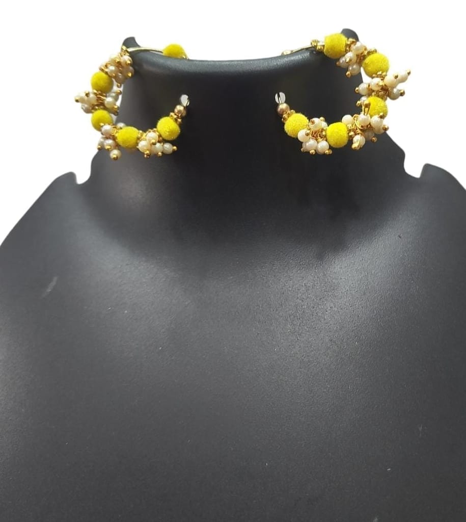 Designer Yellow Velvet Pearl Hoop Earrings