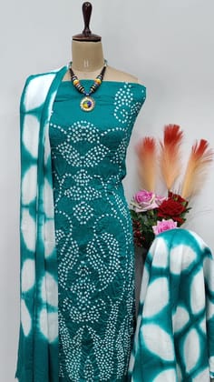 Cotton Satin Kutch Tye n Dye 3 pc Bandhani Salwar Material-Cyan