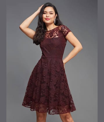 Miss Chase Women Polyester Self Design Fit & Flare Dress ( Wine )