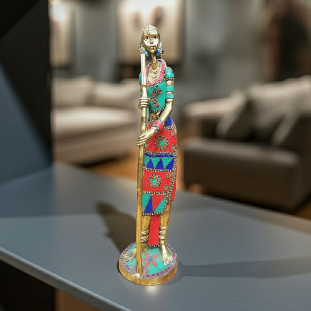 Brass Showpiece Lady With Stick Statue, Height : 37.5 Inch (BSMAS1563 A)