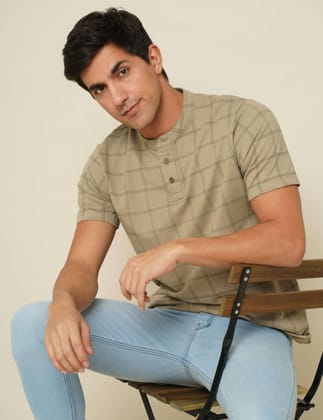 Olive Check Henley Neck T Shirt-XL