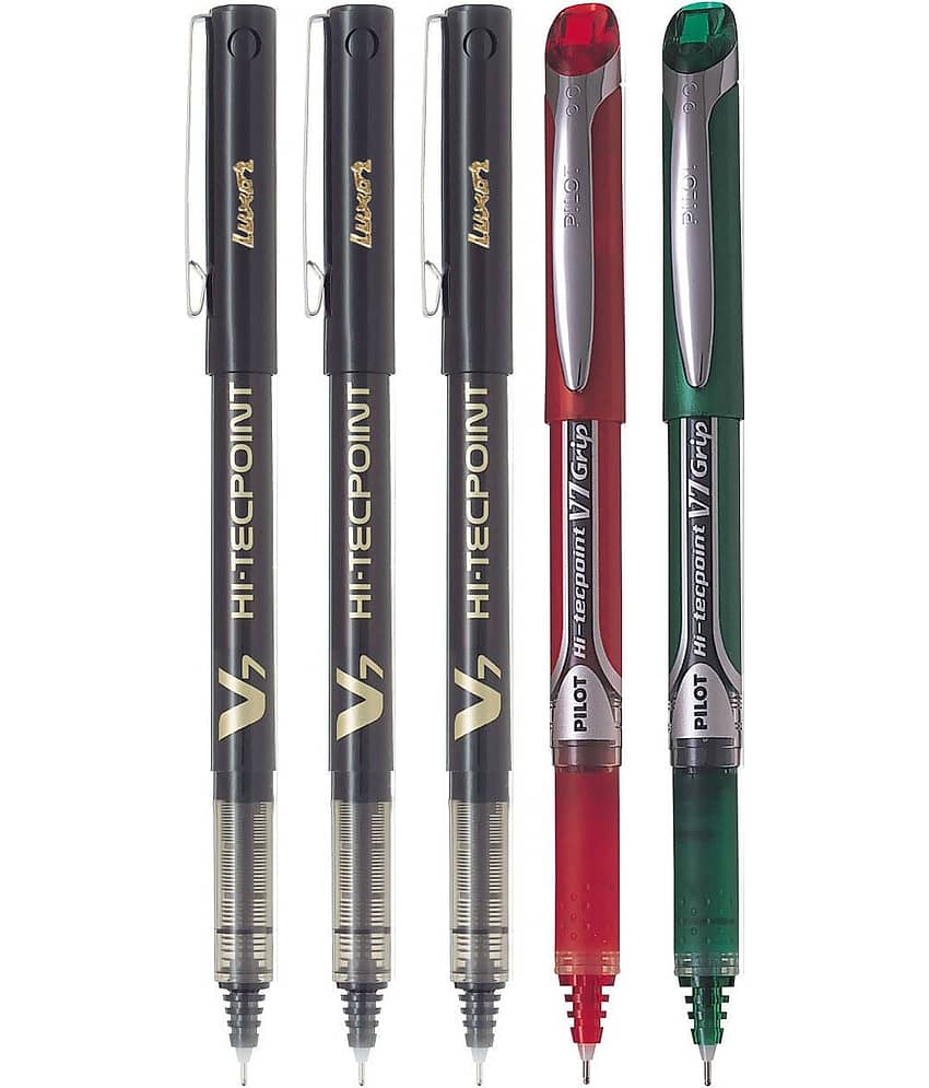 PILOT V7/V7 Grip (Red/Green/Black - Set of 5) Roller Ball Pen