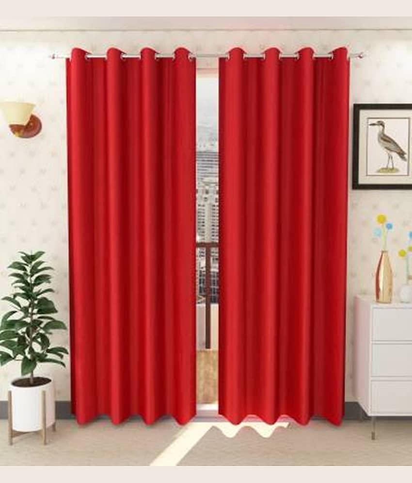 N2C Home Solid Semi-Transparent Eyelet Curtain 7 ft ( Pack of 2 ) - Red