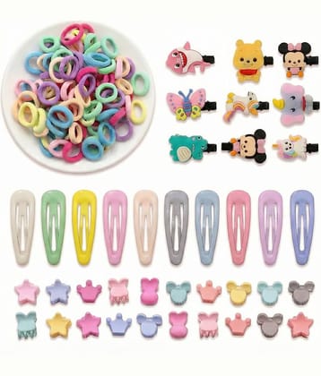 Kids Hair Accessories Combo Set – 140 Pieces - Multicolor | Rubber Bands, Cute Cartoon Hair Clips, Mini Claw Clips & Tic Tac Snap Clips for Girls