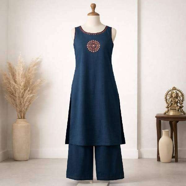 Navy BlueCotton Sleeveless Kurta with Palazzo Set