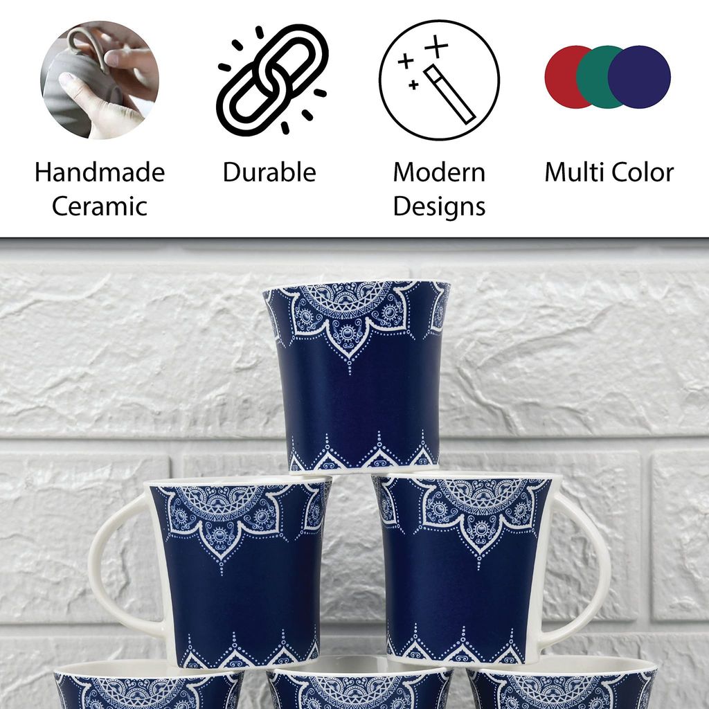 Femora Cosmic Mehendi Tea Cups, Ceramic Tea Cups, Coffee Mugs (160 ml) - 6 Pcs Set (Blue)
