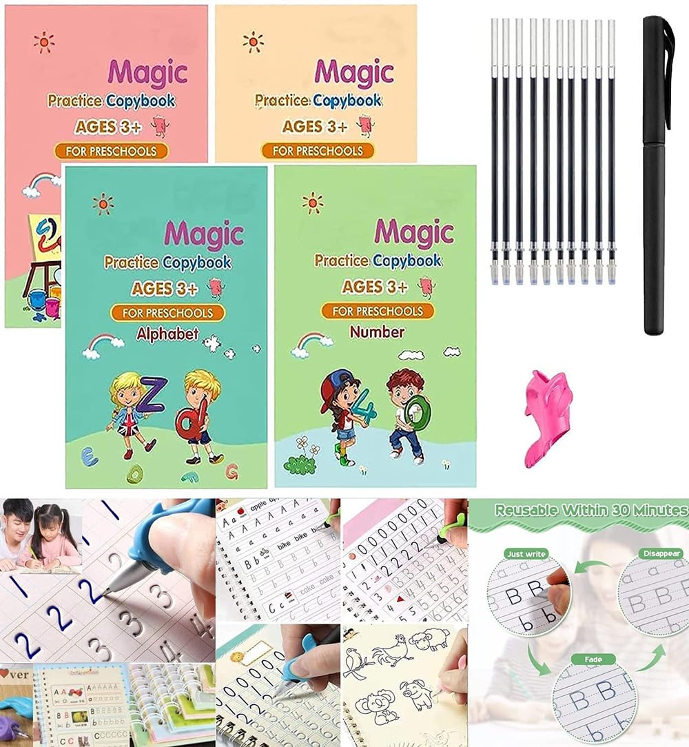 REZNOR 4 Pack Practice Copybook That Can Be Reused, Calligraphy Set for Kids Number Math Drawing Alphabet Handwriting Book,Repeatedly Letter Writing Copybook
