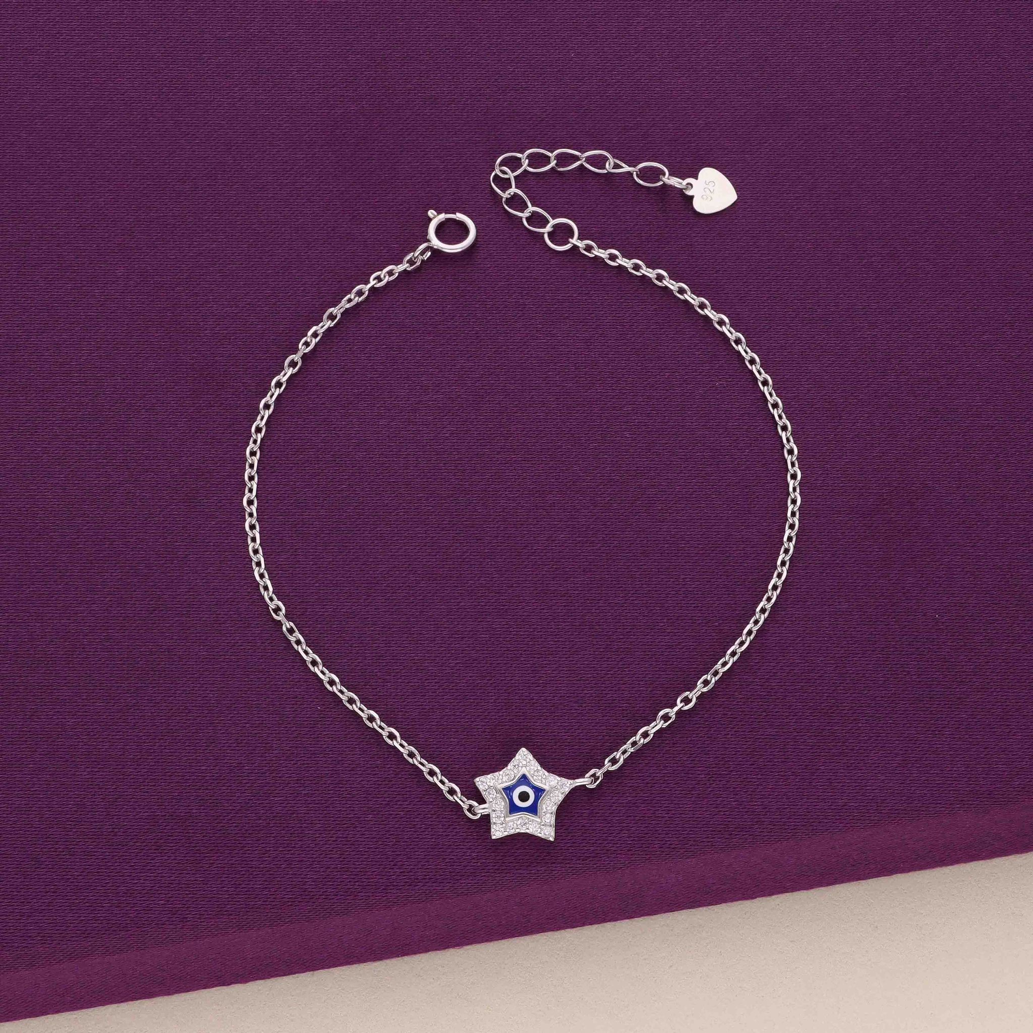 Minimalistic Star Evil Eye Silver Bracelet-White Stone / Silver