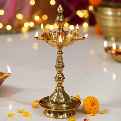 Brass Kerala Fancy Deepak, Oil Lamp No. 5  - Brass Deepak for Temple Aarti, Height : 8.2 Inch (FMAS642 Q)