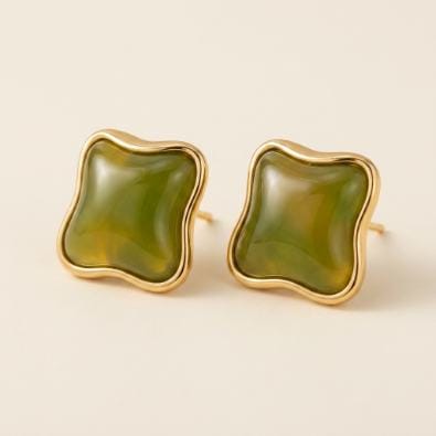 Ripple Frame Stone Studs - Olive Green | Gold-Tone Anti-Tarnish Imitation Jewellery - Earrings | Buy online on ZillyBuy