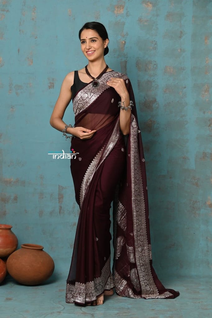 Suhaani ~ Handloom Khaddi Georgette Saree With Sleek Border ~ Maroon (Silk Mark) - Sarees | Buy online on ZillyBuy