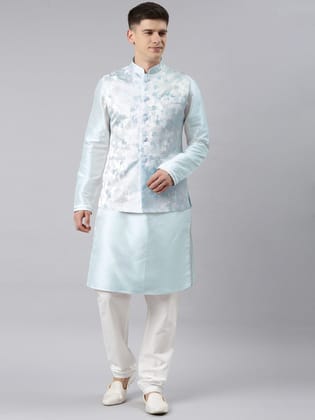 Blue Jacquard Jacket Kurta Set-XS/36 / Pajama set