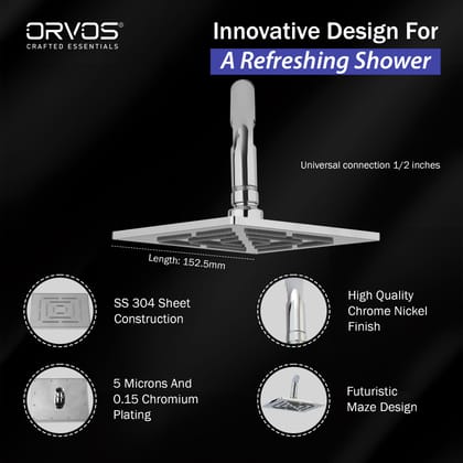 Orvos Overhead Shower, Futuristic maze design, Hiqh quality Stainless Steel, with salt tested chrome plating, 4x4 inches, head only, for high end luxury bathrooms