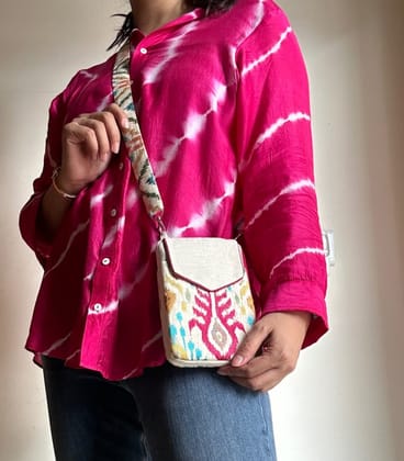 KRI India Pataka Ikkat Sequins Wallet Sling | Multicoloured | 7.5x5.5 inches | Wash & Care | 100% Cotton | Handcrafted in India. 100% organic & natural. KRI India Pataka Ikkat Sequins Wallet Sling | Multicoloured | 7.5x5.5 inches | Wash & Care | 100% Cotton | Handcrafted in India. 100% organic & natural.