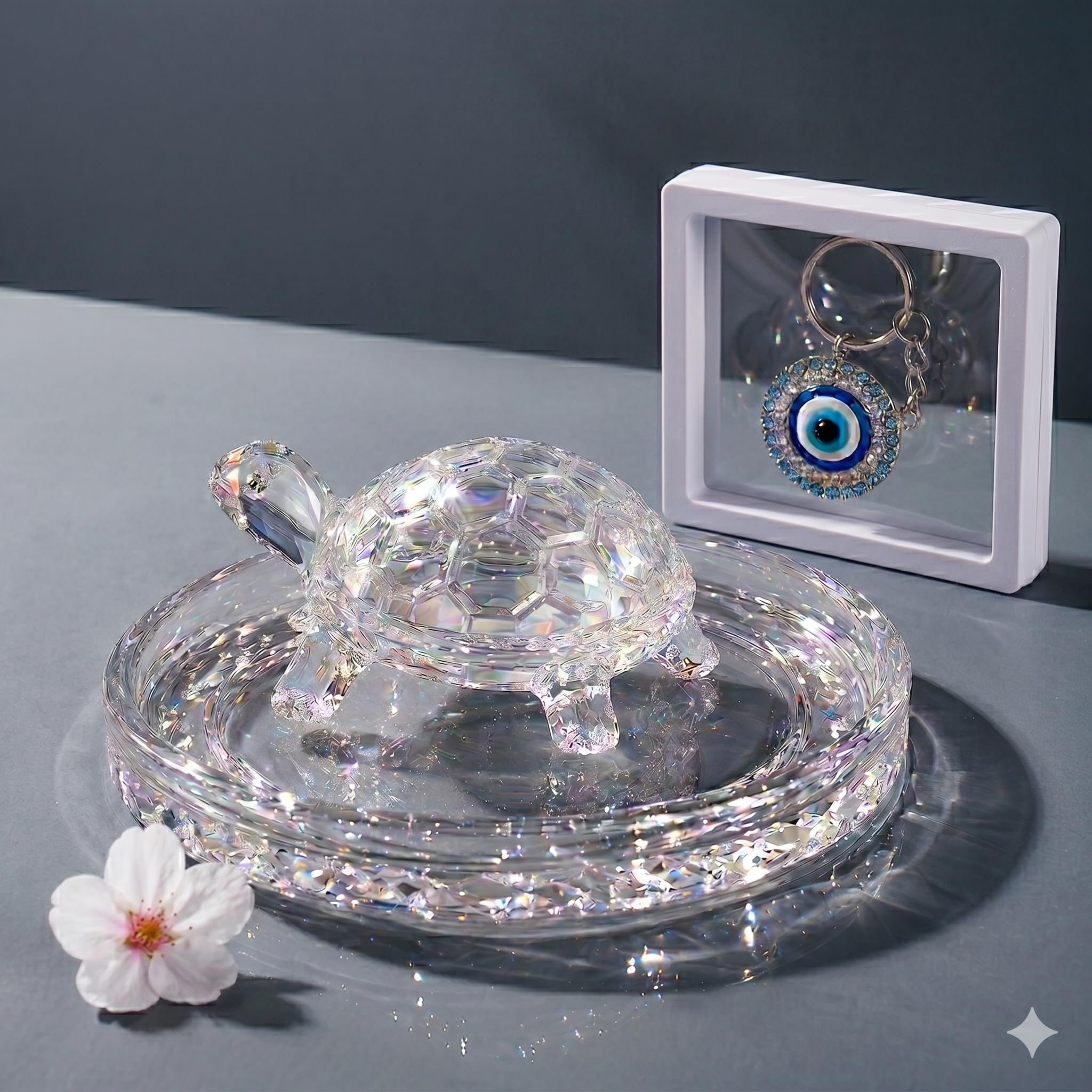 Perfect Crystal Glass Turtle with Plate, Clear, Vastu Feng Shui Decor, 10 cm Diameter, with Evil Eye Keychain