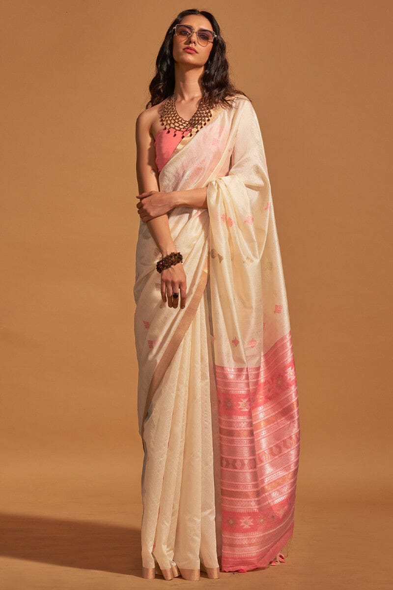 White And Pink Woven Design Zari Silk Banarasi Saree