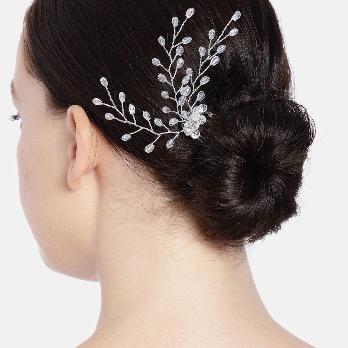 Silver-Plated Beaded Bridal Tiara Comb Pin