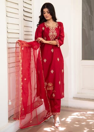 Ruby Red Embroidered Suit-Set of 3-S