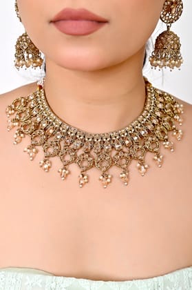 Gold Kundan Necklace Set with Jhumka Earrings & Maang Tikka-20cm / Gold / Premium 1 gram gold  plating on durable brass base with 3-month warranty protection