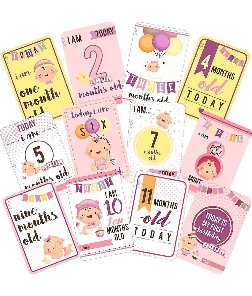 Zyozi Newborn Baby Monthly Age Milestone Cards, Record 0-12 Months Growth and Other Milestones Cards, Baby Shower Gift Scrapbook Photo Keepsake Monthly Age Markers Card (Pack of 12)