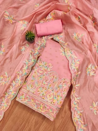 Chanderi Silk Doby and Embroidery work Dress Material (Unstitched)-Pink