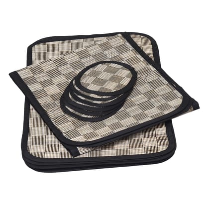 Elegant Handloom Table Mat Set - 6 Mats, 1 Runner & 6 Coasters in Black & White