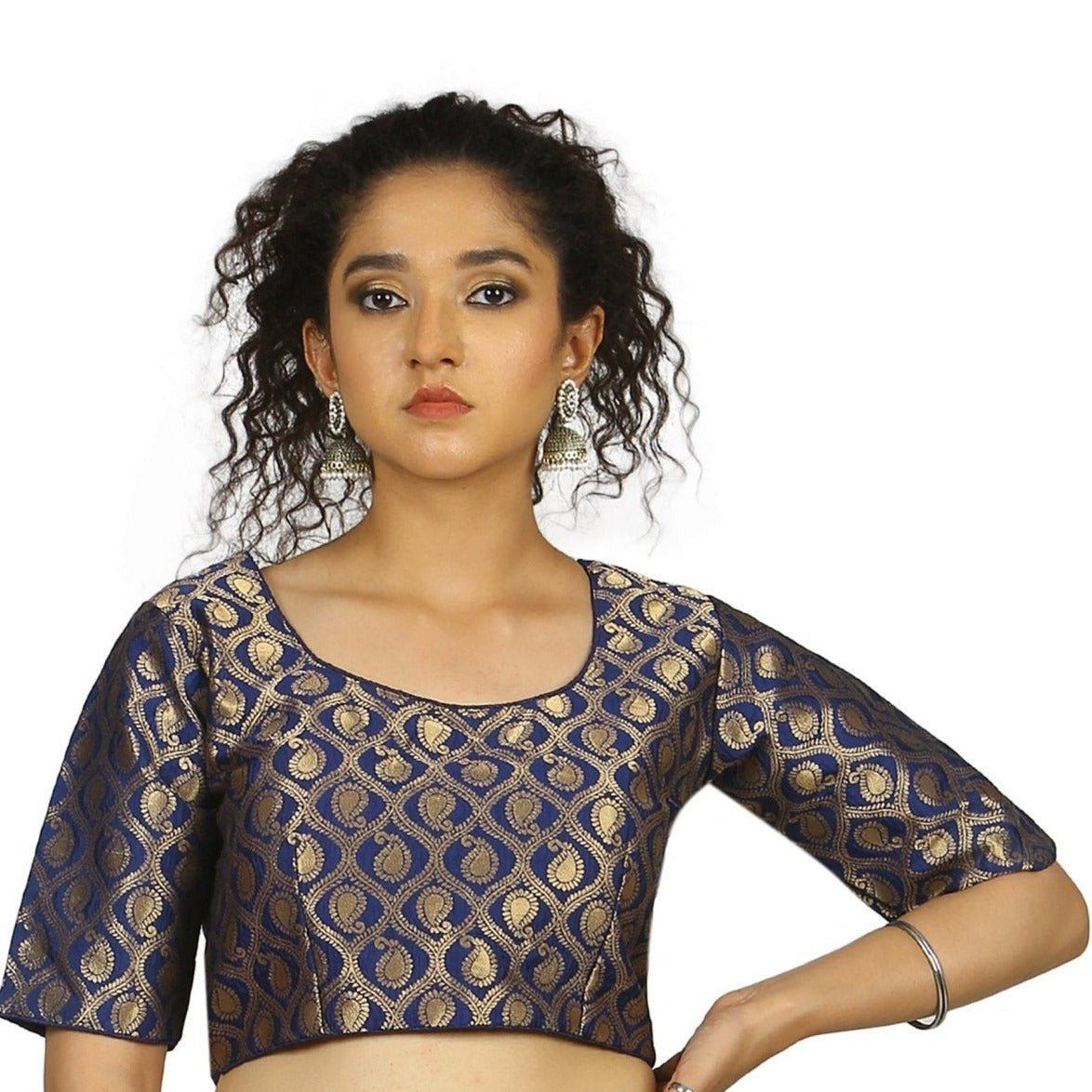 TheHangr Dark Blue Gold Brocade Blouse -  36